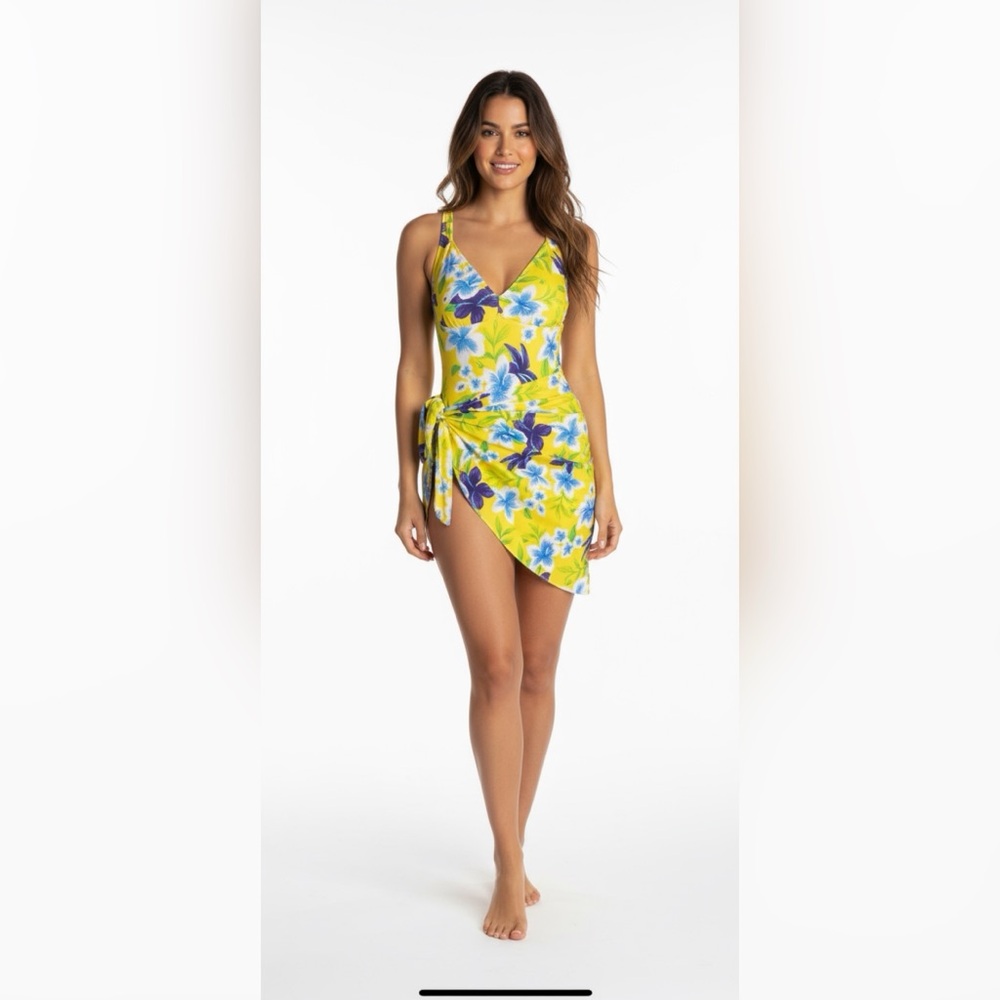 Unbranded Bright Yellow & Blue Hawaiian Print 1 Piece with Coverup Size small